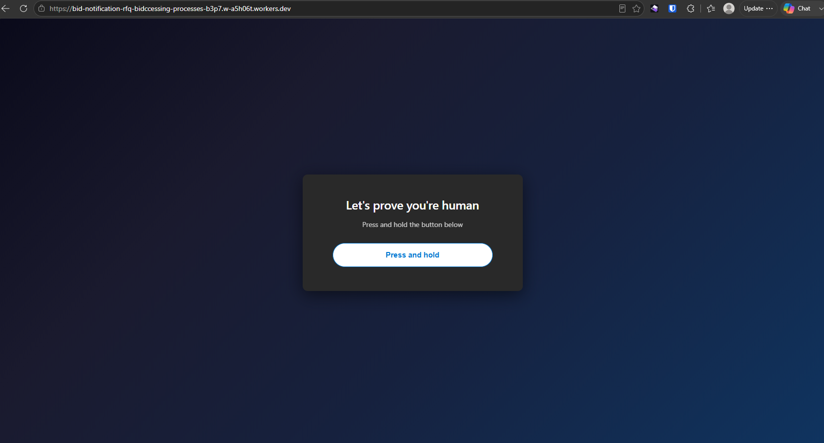 A dark full-screen interstitial served from bid-notification-rfq-bidccessing-processes-b3p7.w-a5h06t.workers.dev. A centered card reads "Let's prove you're human" with the instruction "Press and hold the button below" above a white pill-shaped "Press and hold" button. The challenge validates nothing server-side; it exists to filter out crawlers and URL sandboxes that cannot perform a sustained pointer gesture.