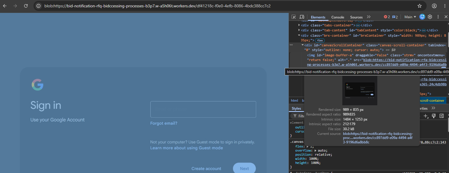Chrome DevTools open on the same page, with the Elements panel showing a div id="brxContainer", a focusable div id="canvasScrollContainer" with tabindex="0", and inside it an img id="image-buffer-a" class="strmv" whose src is another blob: URL on the same workers.dev origin. The hover tooltip previews that image and it is the entire Google sign-in screen: rendered size 989 x 835 px, intrinsic size 1484 x 1253 px, file size 30.2 kB. The whole login page is a single 30 kB screenshot.